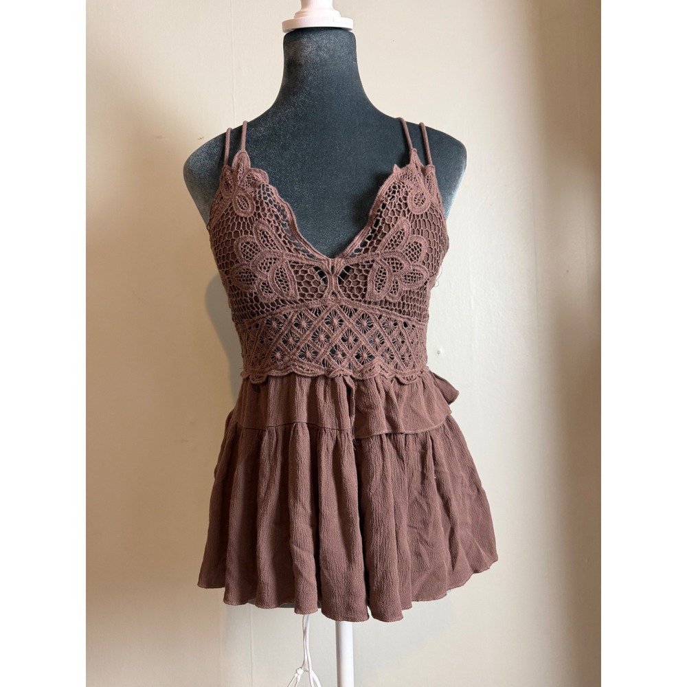 Brown Crochetā Lace Peplum Top Boho Tiered Ruffle Cami tank fairy whimsical LG